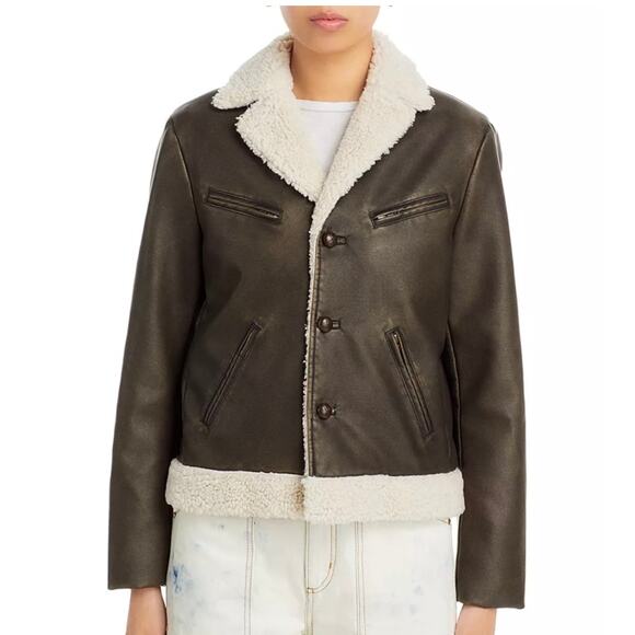 MOTHER The Mile High Aviator Jacket Size L NWT Brown Faux Leather Faux Sherpa - Picture 15 of 16